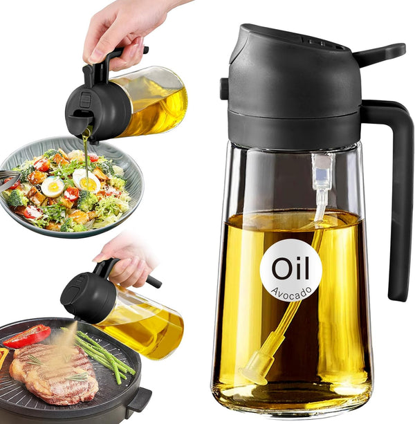 Glass Olive Oil Sprayer for Cooking with Stickers, 2 in 1 Oil Dispenser for Kitchen Gadgets