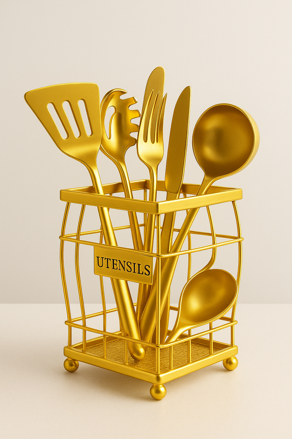 Elegant Gold Utensil Holder with Kitchen Tools